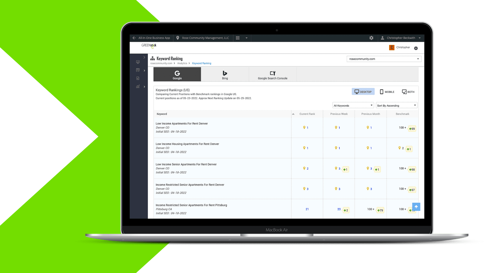 GREENstick Marketing SEO Dashboard Presenting Keyword Rankings Before and After SEO Campaign (1) GREENstick Marketing SEO Dashboard Presenting Keyword Rankings Before and After SEO Campaign